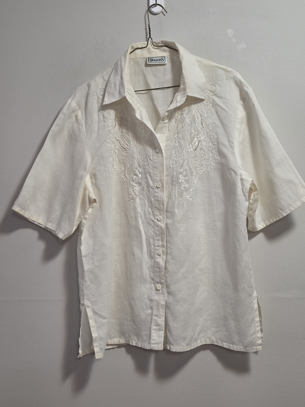 Seasons Cream Embroidered 100% Linen Button-Up Blouse